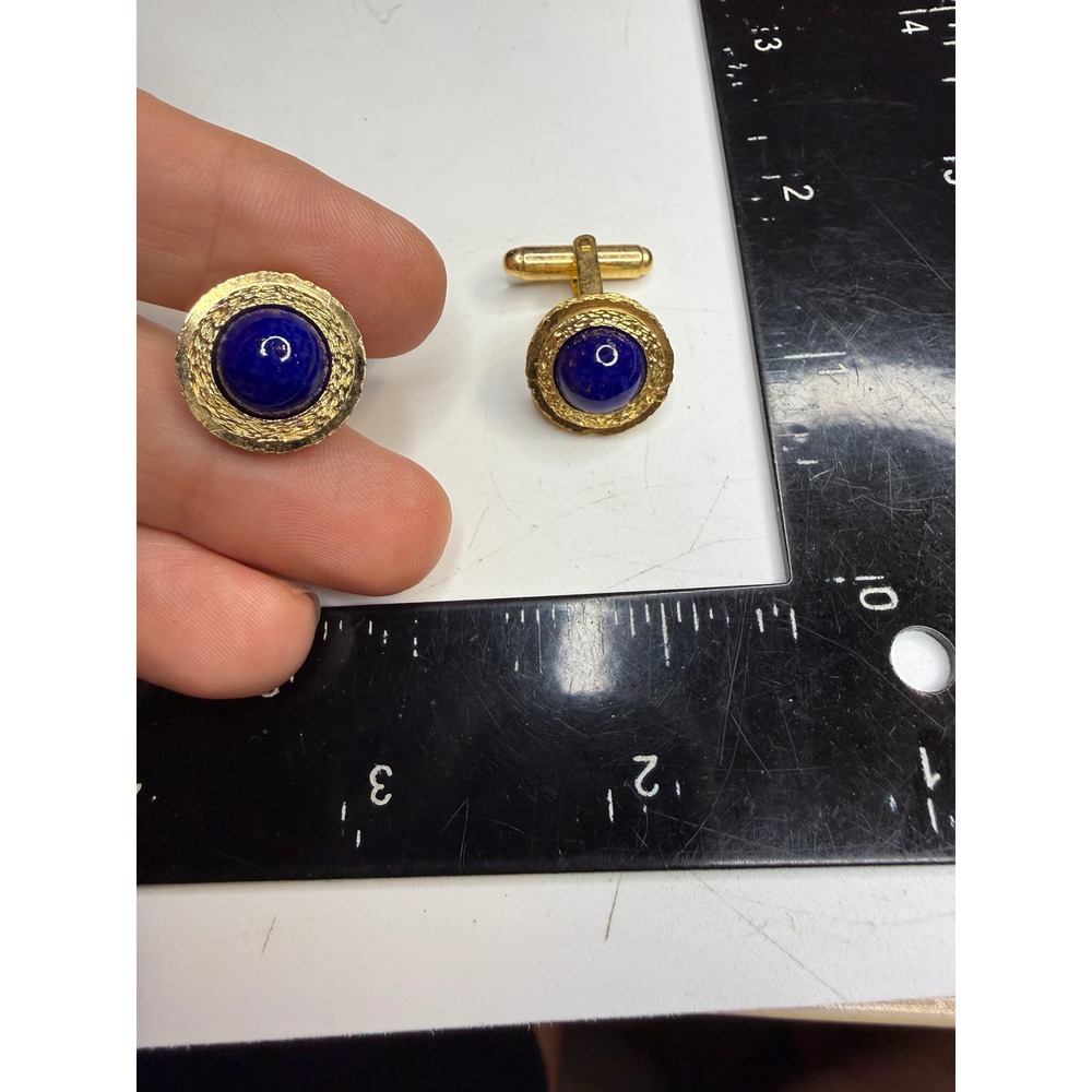 Mens Gold Tone Cobalt Blue Lapis Cabochon Round Textured Cufflinks